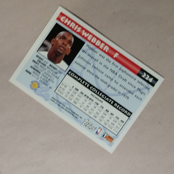 1994 TOPPS #224 CHRIS WEBBER Rookie Card RC Golden State Warriors - Picture 6 of 6